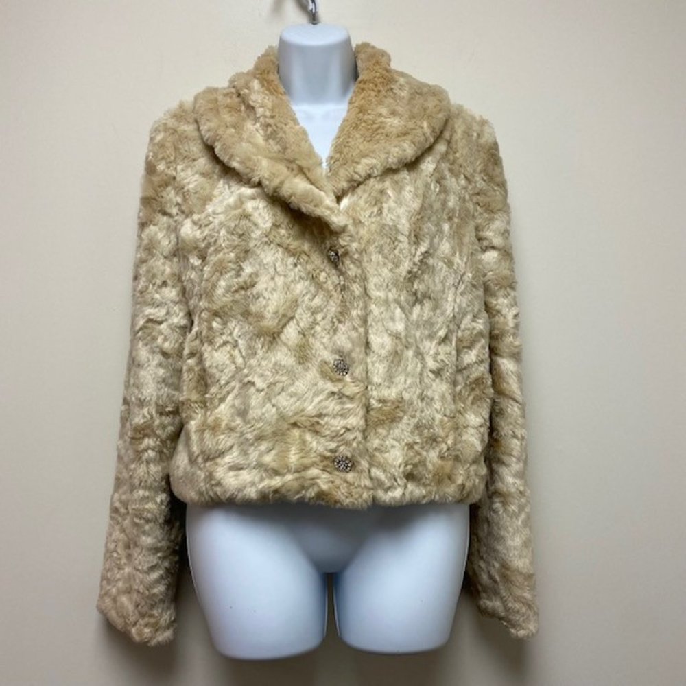 Black Rivet Faux Fur Cream Waistcoat‎ Jacket Jeweled Snap Buttons